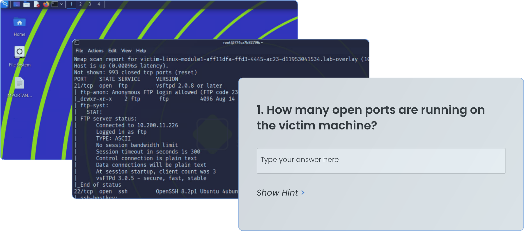 A lab session in the browser: a Linux attacker desktop running a port scan against a target machine, with a guided question and a hint control beside the terminal