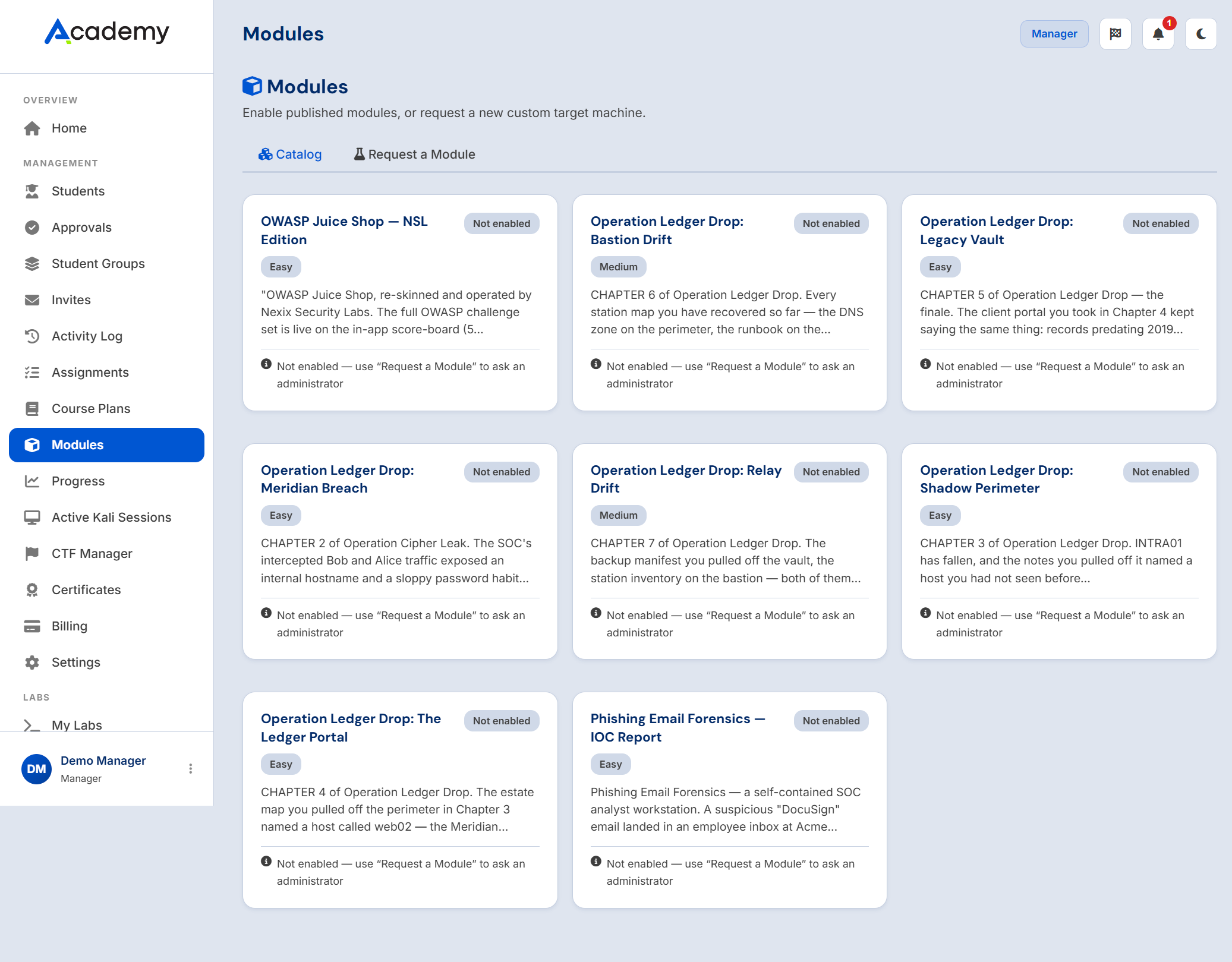 Module catalogue with a request form for a custom target machine, and a list of submitted module requests